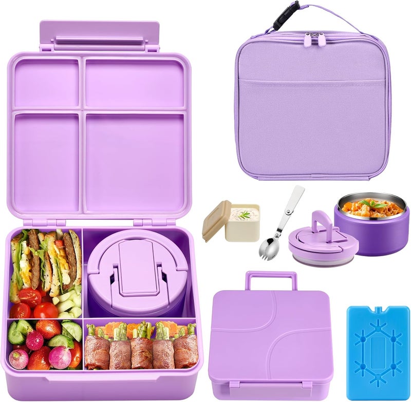 BABHAMNESS Bento Lunch Box with 8oz Soup Thermo,Kids Leakproof 4 Compartment Lunch Food Containers with Sauce Cup and Ice Pack,Kids Thermo Insulated Hot Food Jar and Lunch Bag for School,Trvael-Purple - Image 1